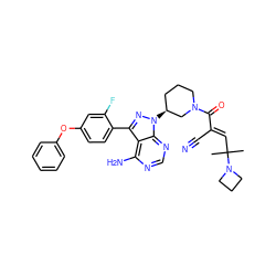 CC(C)(/C=C(\C#N)C(=O)N1CCC[C@H](n2nc(-c3ccc(Oc4ccccc4)cc3F)c3c(N)ncnc32)C1)N1CCC1 ZINC000224310601