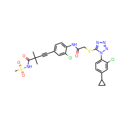 CC(C)(C#Cc1ccc(NC(=O)CSc2nnnn2-c2ccc(C3CC3)cc2Cl)c(Cl)c1)C(=O)NS(C)(=O)=O ZINC000028823621