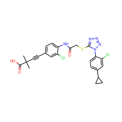 CC(C)(C#Cc1ccc(NC(=O)CSc2nnnn2-c2ccc(C3CC3)cc2Cl)c(Cl)c1)C(=O)O ZINC000028823620