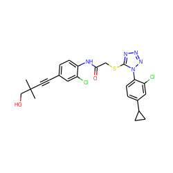 CC(C)(C#Cc1ccc(NC(=O)CSc2nnnn2-c2ccc(C3CC3)cc2Cl)c(Cl)c1)CO ZINC000028823613