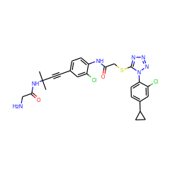 CC(C)(C#Cc1ccc(NC(=O)CSc2nnnn2-c2ccc(C3CC3)cc2Cl)c(Cl)c1)NC(=O)CN ZINC000028823608