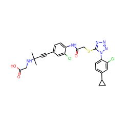 CC(C)(C#Cc1ccc(NC(=O)CSc2nnnn2-c2ccc(C3CC3)cc2Cl)c(Cl)c1)NCC(=O)O ZINC000028823607