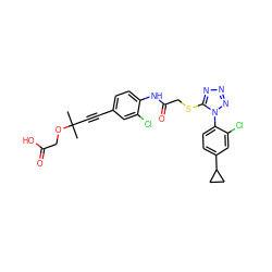 CC(C)(C#Cc1ccc(NC(=O)CSc2nnnn2-c2ccc(C3CC3)cc2Cl)c(Cl)c1)OCC(=O)O ZINC000028823604