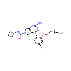 CC(C)(C#N)CCOc1cc(Cl)cc(Cl)c1-c1nc(N)nc2c1CN(C(=O)NC1CCC1)C2 ZINC000071297075