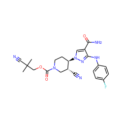 CC(C)(C#N)COC(=O)N1CC[C@@H](n2cc(C(N)=O)c(Nc3ccc(F)cc3)n2)[C@H](C#N)C1 ZINC000220681887