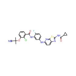 CC(C)(C#N)Oc1cccc(C(=O)Nc2cc(Nc3ccc4nc(NC(=O)C5CC5)sc4n3)ccc2F)c1Cl ZINC000043203055