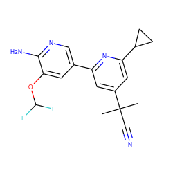CC(C)(C#N)c1cc(-c2cnc(N)c(OC(F)F)c2)nc(C2CC2)c1 ZINC000653763853