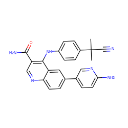 CC(C)(C#N)c1ccc(Nc2c(C(N)=O)cnc3ccc(-c4ccc(N)nc4)cc23)cc1 ZINC000653755597