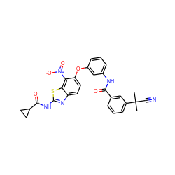 CC(C)(C#N)c1cccc(C(=O)Nc2cccc(Oc3ccc4nc(NC(=O)C5CC5)sc4c3[N+](=O)[O-])c2)c1 ZINC000103250630