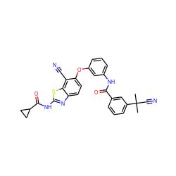 CC(C)(C#N)c1cccc(C(=O)Nc2cccc(Oc3ccc4nc(NC(=O)C5CC5)sc4c3C#N)c2)c1 ZINC000103250628