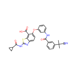 CC(C)(C#N)c1cccc(C(=O)Nc2cccc(Oc3ccc4nc(NC(=O)C5CC5)sc4c3C(=O)O)c2)c1 ZINC000103251726