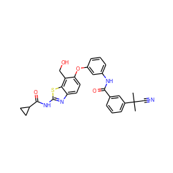 CC(C)(C#N)c1cccc(C(=O)Nc2cccc(Oc3ccc4nc(NC(=O)C5CC5)sc4c3CO)c2)c1 ZINC000103250611