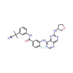 CC(C)(C#N)c1cccc(NC(=O)c2ccc(F)c(Nc3ncnc4cnc(N[C@@H]5CCOC5)nc34)c2)c1 ZINC000148271963