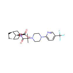 CC(C)(C(=O)N[C@H]1[C@H]2CC[C@H]1C[C@@H](C(=O)O)C2)N1CCN(c2ccc(C(F)(F)F)cn2)CC1 ZINC000253686557