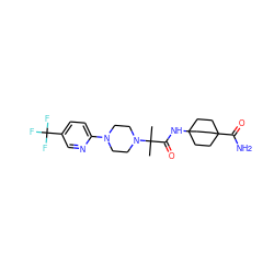 CC(C)(C(=O)NC12CCC(C(N)=O)(CC1)CC2)N1CCN(c2ccc(C(F)(F)F)cn2)CC1 ZINC000084623685