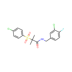 CC(C)(C(=O)NCc1ccc(F)c(Cl)c1)S(=O)(=O)c1ccc(Cl)cc1 ZINC000040880409