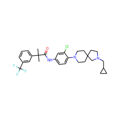 CC(C)(C(=O)Nc1ccc(N2CCC3(CCN(CC4CC4)C3)CC2)c(Cl)c1)c1cccc(C(F)(F)F)c1 ZINC000064560440