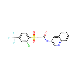 CC(C)(C(=O)Nc1cnc2ccccc2c1)S(=O)(=O)c1ccc(C(F)(F)F)cc1Cl ZINC000040394341