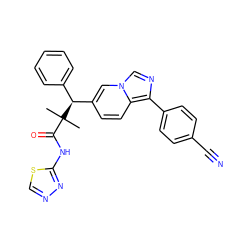 CC(C)(C(=O)Nc1nncs1)[C@@H](c1ccccc1)c1ccc2c(-c3ccc(C#N)cc3)ncn2c1 ZINC000096284246