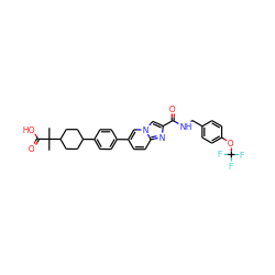 CC(C)(C(=O)O)C1CCC(c2ccc(-c3ccc4nc(C(=O)NCc5ccc(OC(F)(F)F)cc5)cn4c3)cc2)CC1 ZINC000147905275