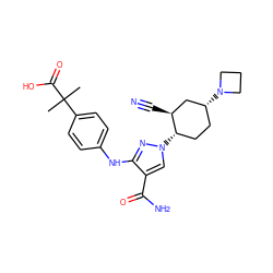 CC(C)(C(=O)O)c1ccc(Nc2nn([C@H]3CC[C@@H](N4CCC4)C[C@@H]3C#N)cc2C(N)=O)cc1 ZINC000204991741