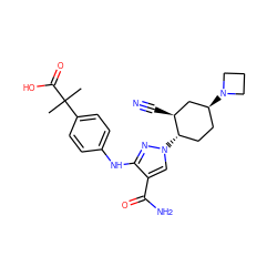 CC(C)(C(=O)O)c1ccc(Nc2nn([C@H]3CC[C@H](N4CCC4)C[C@@H]3C#N)cc2C(N)=O)cc1 ZINC000204991696