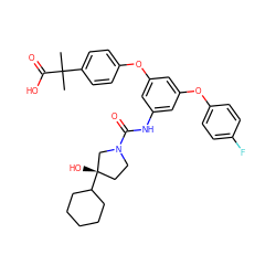 CC(C)(C(=O)O)c1ccc(Oc2cc(NC(=O)N3CC[C@](O)(C4CCCCC4)C3)cc(Oc3ccc(F)cc3)c2)cc1 ZINC000224460570