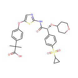 CC(C)(C(=O)O)c1ccc(Oc2cnc(NC(=O)[C@H](OC3CCOCC3)c3ccc(S(=O)(=O)C4CC4)cc3)s2)cc1 ZINC000220892182