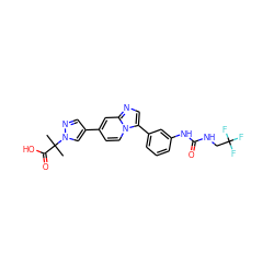 CC(C)(C(=O)O)n1cc(-c2ccn3c(-c4cccc(NC(=O)NCC(F)(F)F)c4)cnc3c2)cn1 ZINC000116147807