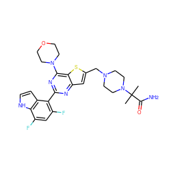 CC(C)(C(N)=O)N1CCN(Cc2cc3nc(-c4c(F)cc(F)c5[nH]ccc45)nc(N4CCOCC4)c3s2)CC1 ZINC000095552514