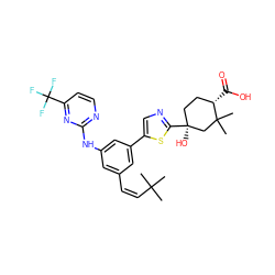 CC(C)(C)/C=C\c1cc(Nc2nccc(C(F)(F)F)n2)cc(-c2cnc([C@@]3(O)CC[C@H](C(=O)O)C(C)(C)C3)s2)c1 ZINC000221425422