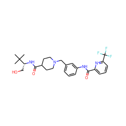 CC(C)(C)[C@@H](CO)NC(=O)C1CCN(Cc2cccc(NC(=O)c3cccc(C(F)(F)F)n3)c2)CC1 ZINC001772614717