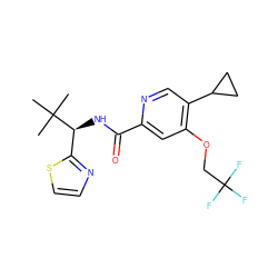 CC(C)(C)[C@@H](NC(=O)c1cc(OCC(F)(F)F)c(C2CC2)cn1)c1nccs1 ZINC000149229692