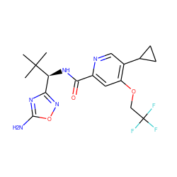 CC(C)(C)[C@@H](NC(=O)c1cc(OCC(F)(F)F)c(C2CC2)cn1)c1noc(N)n1 ZINC000146392382