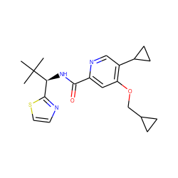 CC(C)(C)[C@@H](NC(=O)c1cc(OCC2CC2)c(C2CC2)cn1)c1nccs1 ZINC000149217939