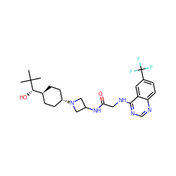 CC(C)(C)[C@@H](O)[C@H]1CC[C@H](N2CC(NC(=O)CNc3ncnc4ccc(C(F)(F)F)cc34)C2)CC1 ZINC000149142563