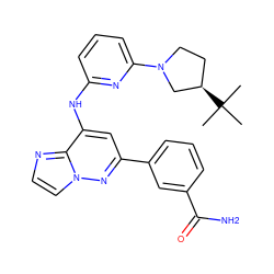 CC(C)(C)[C@@H]1CCN(c2cccc(Nc3cc(-c4cccc(C(N)=O)c4)nn4ccnc34)n2)C1 ZINC000207402548