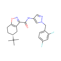 CC(C)(C)[C@@H]1CCc2onc(C(=O)Nc3cnn(Cc4ccc(F)cc4F)c3)c2C1 ZINC000029054799