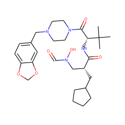 CC(C)(C)[C@H](NC(=O)[C@H](CC1CCCC1)CN(O)C=O)C(=O)N1CCN(Cc2ccc3c(c2)OCO3)CC1 ZINC000033991827