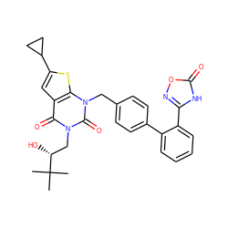 CC(C)(C)[C@H](O)Cn1c(=O)c2cc(C3CC3)sc2n(Cc2ccc(-c3ccccc3-c3noc(=O)[nH]3)cc2)c1=O ZINC000096169979