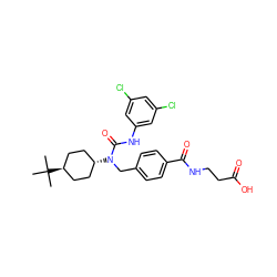 CC(C)(C)[C@H]1CC[C@H](N(Cc2ccc(C(=O)NCCC(=O)O)cc2)C(=O)Nc2cc(Cl)cc(Cl)c2)CC1 ZINC000261167352