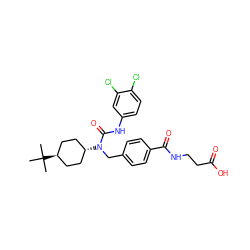 CC(C)(C)[C@H]1CC[C@H](N(Cc2ccc(C(=O)NCCC(=O)O)cc2)C(=O)Nc2ccc(Cl)c(Cl)c2)CC1 ZINC000257808614