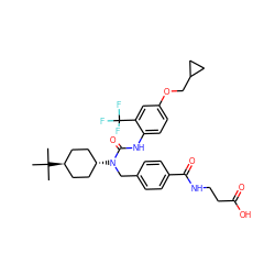 CC(C)(C)[C@H]1CC[C@H](N(Cc2ccc(C(=O)NCCC(=O)O)cc2)C(=O)Nc2ccc(OCC3CC3)cc2C(F)(F)F)CC1 ZINC000253848818