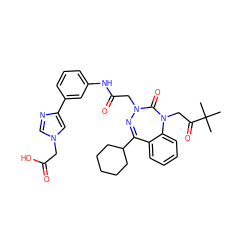 CC(C)(C)C(=O)CN1C(=O)N(CC(=O)Nc2cccc(-c3cn(CC(=O)O)cn3)c2)N=C(C2CCCCC2)c2ccccc21 ZINC000028655872