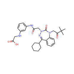 CC(C)(C)C(=O)CN1C(=O)N(CC(=O)Nc2cccc(NCC(=O)O)c2)N=C(C2CCCCC2)c2ccccc21 ZINC000053099344