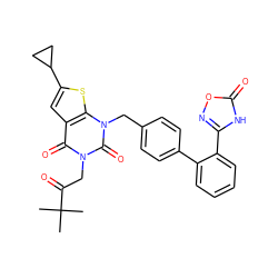 CC(C)(C)C(=O)Cn1c(=O)c2cc(C3CC3)sc2n(Cc2ccc(-c3ccccc3-c3noc(=O)[nH]3)cc2)c1=O ZINC000096169992