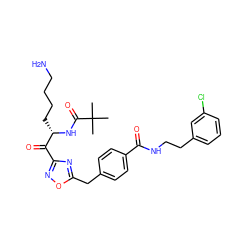 CC(C)(C)C(=O)N[C@@H](CCCCN)C(=O)c1noc(Cc2ccc(C(=O)NCCc3cccc(Cl)c3)cc2)n1 ZINC000034804067