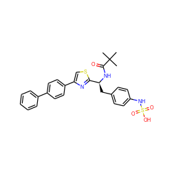 CC(C)(C)C(=O)N[C@@H](Cc1ccc(NS(=O)(=O)O)cc1)c1nc(-c2ccc(-c3ccccc3)cc2)cs1 ZINC000114387217