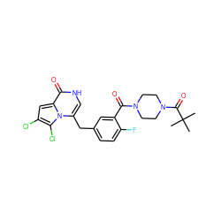 CC(C)(C)C(=O)N1CCN(C(=O)c2cc(Cc3c[nH]c(=O)c4cc(Cl)c(Cl)n34)ccc2F)CC1 ZINC000045358324