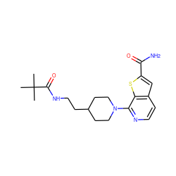 CC(C)(C)C(=O)NCCC1CCN(c2nccc3cc(C(N)=O)sc23)CC1 ZINC000095592888